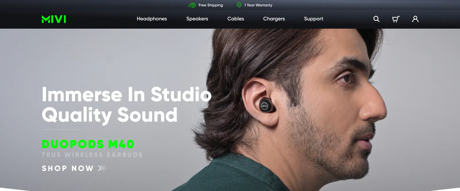 Mivi storefront hero — Immerse in Studio Quality Sound, with a model wearing true wireless earbuds